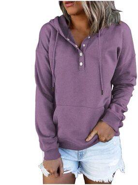 Women's Purple Button-Henley Hoodie Sweatshirt with Pockets XL